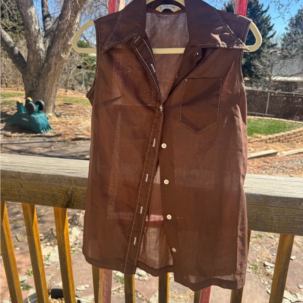 Vintage Brown Sheer Sleeveless Button-Up